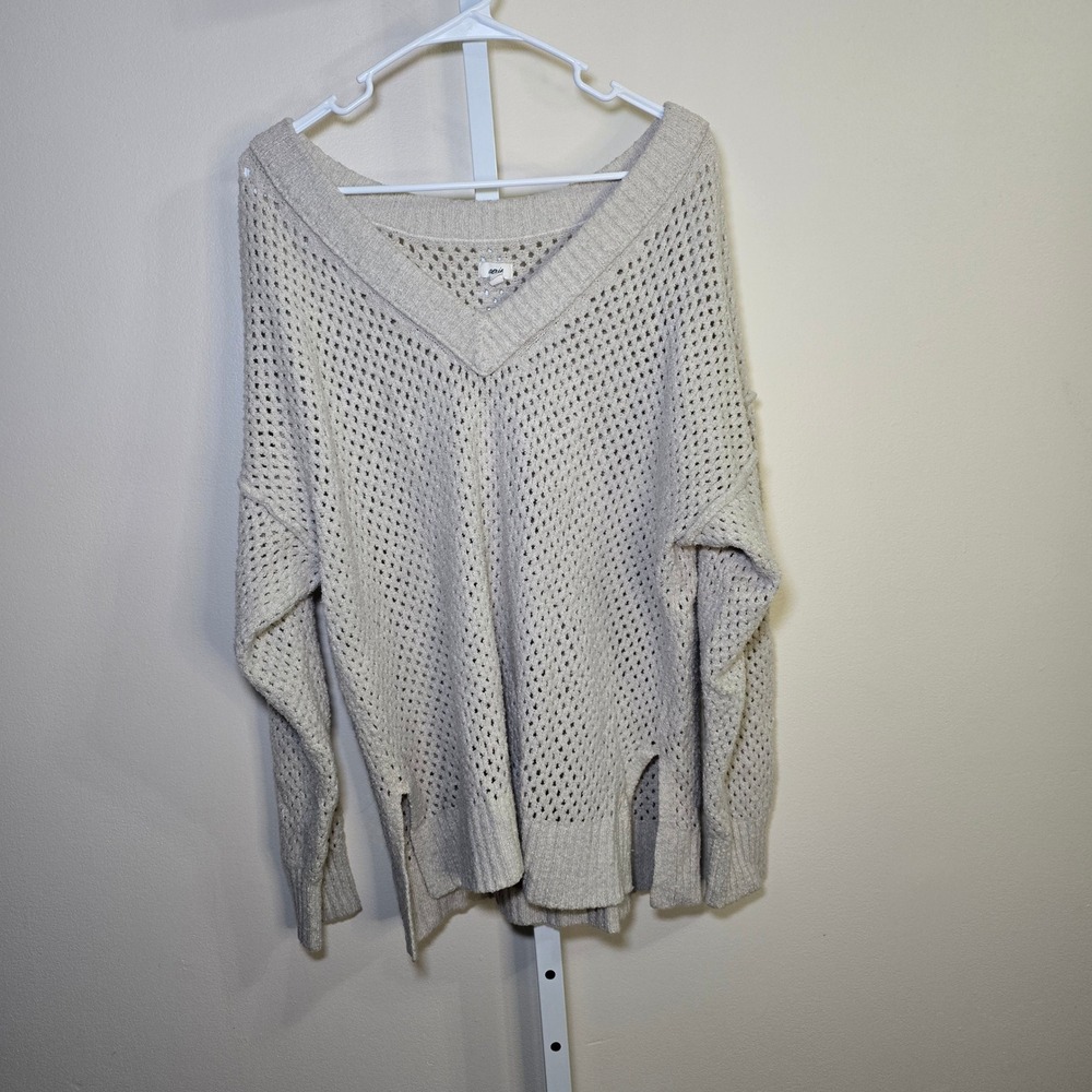 Aerie Ladies Oversized‎ V Neck Open Knit Sweater Large Beige Split Side Cozy